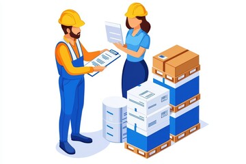 Two workers discussing inventory near stacked boxes in a warehouse, isolated on white background.
