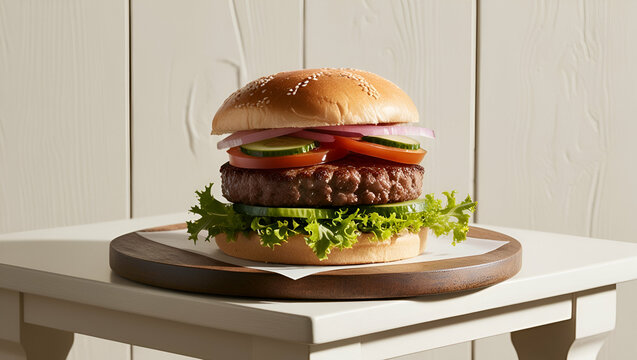 Ingredients of a delicious burger with ground beef patty lettuce bacon onions tomatoes and cucu ai generative