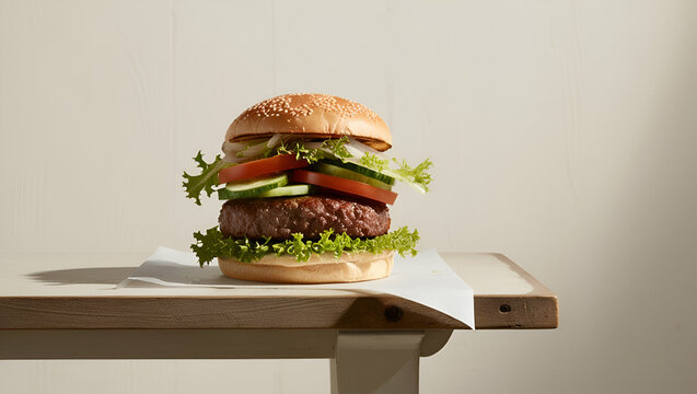 Ingredients of a delicious burger with ground beef patty lettuce bacon onions tomatoes and cucu ai generative
