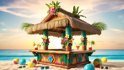 Obraz premium A and colorful beachside wooden tiki ai generative