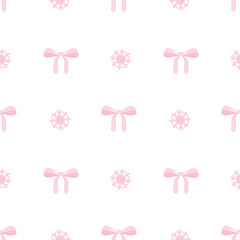Bows, snowflakes. Vector seamless pattern on a white background in flat style in pastel colors. Cute illustration for web design, textiles, wrapping paper for Christmas