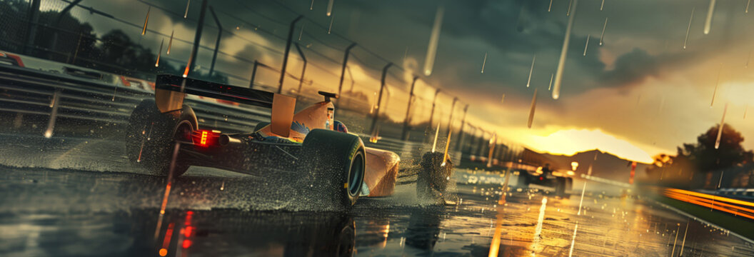 cinematic photo realistic, formula james hunt battle with formula charles leclecr, racing track, sunset, rainy, dark moody, speed dynamic