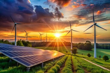 Evening Light on Wind Turbines and Solar Panels: Harnessing Renewable Energy for a Sustainable Future
