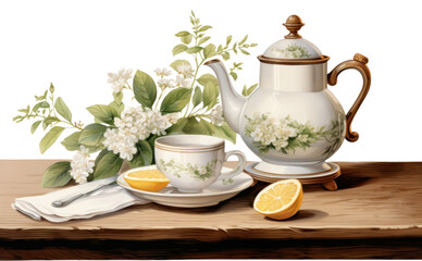 PNG A pitcher of tea and a white mug on a wooden table art porcelain teapot.