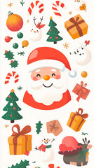 Kawaii-style holiday icons such as a smiling Santa Claus, a happy snowman, and a cute reindeer, surrounded by festive elements like gifts, candy canes, and Christmas trees
