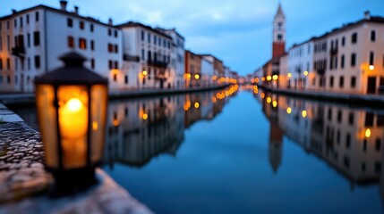 Romantic Evening Canal Cityscape with Lantern Reflection and Bokeh Lights