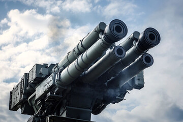 a close-up of a military missile launcher with multiple rocket tubes pointing upward set against a cloudy blue sky background

