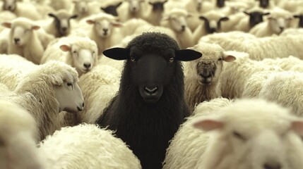 Black sheep sticking out among flock of white sheep, concept of leadership