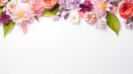 Beautiful spring floral composition with fresh flowers and green leaves on white background &ndash; elegant botanical arrangement with blank space for text or designs


