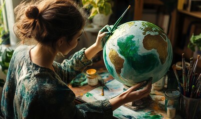 A woman is painting a globe with green paint