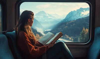 A woman is reading a book in a train window with a beautiful view of the mountain