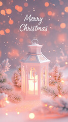 Christmas poster background design, pastel color theme, beautiful and elegant Christmas scene with a glowing white lantern in the middle of the composition