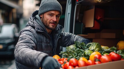 fresh grocery delivery operations with a food delivery man loading fruits and vegetables into a box from a van, showcasing efficient transport and logistics services