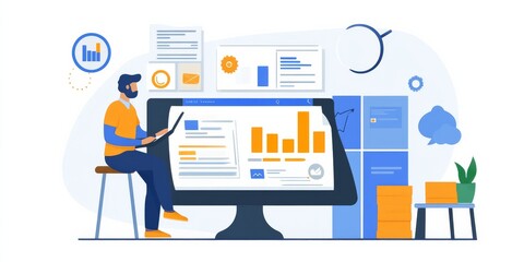 A businessman uses a tablet to manage his online marketing. He's focusing on search engine optimization (SEO), advertising, and online sales to grow his business and make more money.