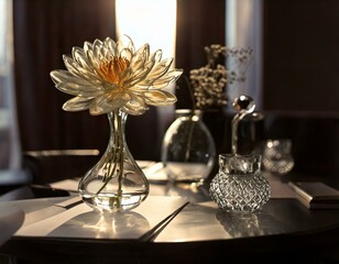 Table Companion: Write about other objects on the table that complement or contrast with the glass flower.

