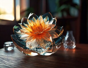 Table Companion: Write about other objects on the table that complement or contrast with the glass flower.

