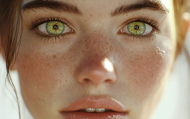 Fototapeta premium Intense green eyes, close-up on woman’s face, bright background.