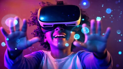 Happy child interacting with virtual reality wearing vr headset and experiencing augmented reality in a colorful and futuristic environment, enjoying the immersive experience with a smile