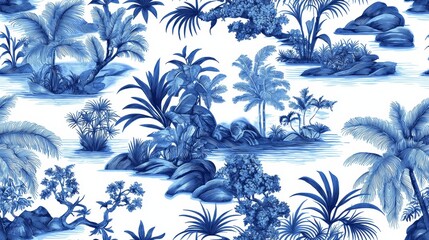 Tropical Fabric Pattern in Blue and White Toile Design