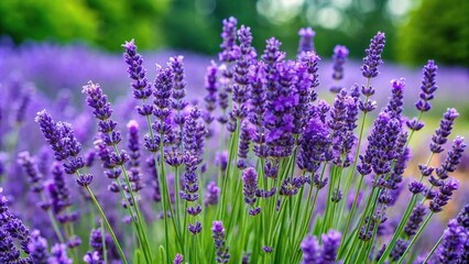Obraz premium A lush green and purple lavender bush with long stems and many buds in full bloom, shrub borders, spring foliage