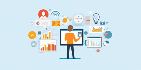A businessman uses a tablet to manage his online marketing. He's focusing on search engine optimization (SEO), advertising, and online sales to grow his business and make more money.