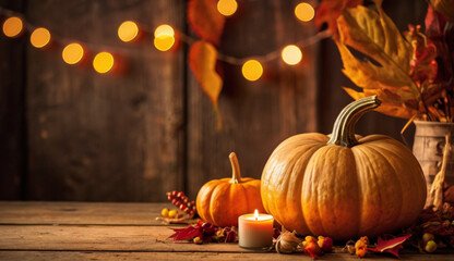 A cheerful jack-o'-lantern sits on a wooden table, surrounded by small pumpkins, autumn leaves, and glowing candles, creating a warm Halloween ambiance.