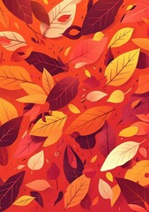 A vibrant autumn scene featuring colorful leaves in shades of red, orange, and yellow scattered against a contrasting background.