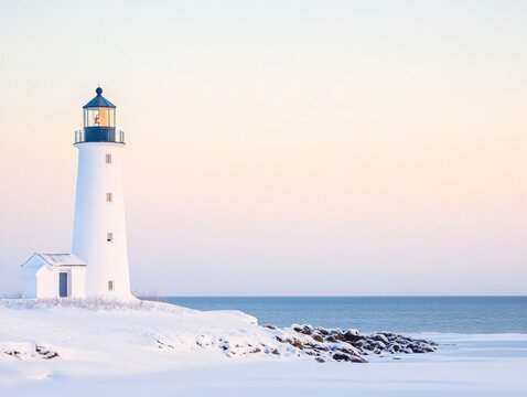 Serene winter lighthouse by the sea at sunrise