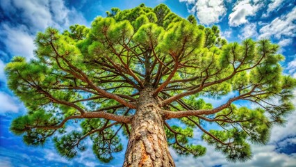 Fototapeta premium A majestic pine tree stands tall with a sturdy trunk, surrounded by lush green needles and branches that stretch towards the sky, evergreen tree, forest floor
