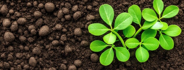 Naklejka premium Top view of rich soil with seedlings emerging, symbolizing growth and renewal during the vibrant spring planting season