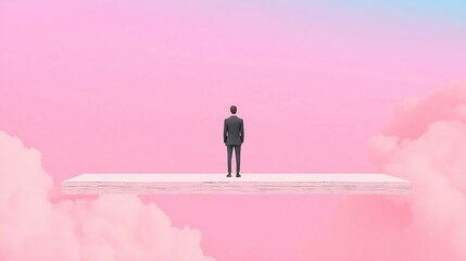 Obraz premium A lone figure stands on a platform amidst soft pink clouds, evoking a sense of solitude, introspection, and ethereal beauty.