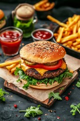 Delicious cheeseburger served with crispy fries and ketchup on a rustic wooden tray