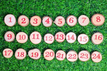 Red numbers 1 to 24 displayed on little wooden log buttons against a bright green grass background, suitable for Christmas advent.