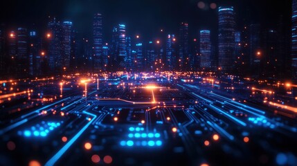 Fototapeta premium Futuristic cityscape with glowing circuit patterns and lights.