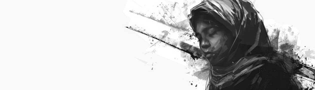 Closeup art a serene Islamic figure amidst fancial turmoil whe background highlights delicate details emotial ctext