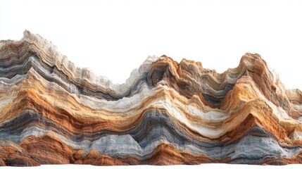 Wave pattern on the mountainside with layered rock formations, showing geological beauty, isolated on white