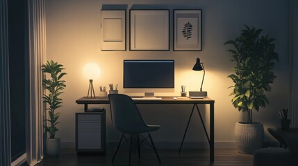 Business workspace at home, showing a modern desk with computer, chair, and decor, vector art