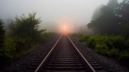 Fototapeta premium Train track fading into fog with single glowing light in distance