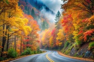 Naklejka premium A scenic mountain road with changing colors of leaves and a misty atmosphere in the fall season, landscape, scenery, trees