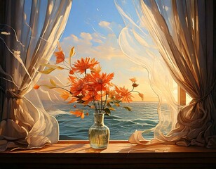Windy Day: Illustrate a windy day where the curtains flutter, and the glass flower catches the breeze&rsquo;s whispers.

