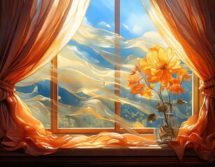 Windy Day: Illustrate a windy day where the curtains flutter, and the glass flower catches the breeze&rsquo;s whispers.

