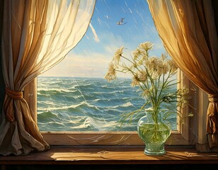 Windy Day: Illustrate a windy day where the curtains flutter, and the glass flower catches the breeze’s whispers.

