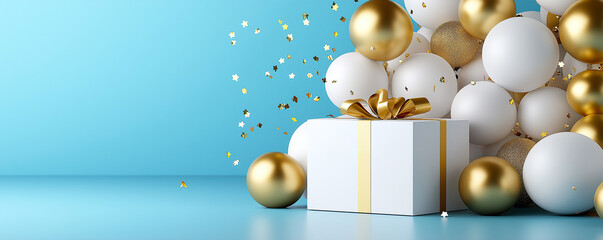 Festive white gift box with golden ribbon surrounded by gold and white balls, creating joyful celebration atmosphere. Perfect for New Year or holiday themes