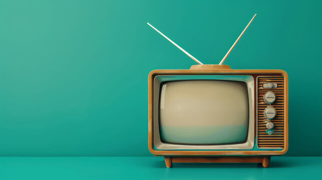 A vintage television set with an empty screen, against a dark teal background, highlights its nostalgic design.