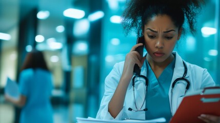 A woman doctor is talking on the phone while looking at a file