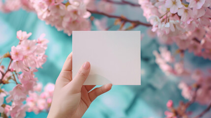 A mockup of an A4 blank card held in a woman's hand against a cherry blossom backdrop, evoking a spring mood with soft pastel hues resembling a watercolor painting.
