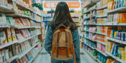 Fototapeta premium An Asian woman with long hair, wearing jeans and a jacket, is carrying a backpack while walking in a store aisle, looking happy to see her friend with a school bag.