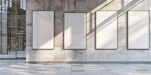 Three blank white A2 frames are mounted on a marble wall in an outdoor shopping mall, illuminated by daylight and shadows.