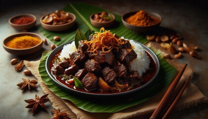 Fototapeta premium a beef rendang rice on banana leaf