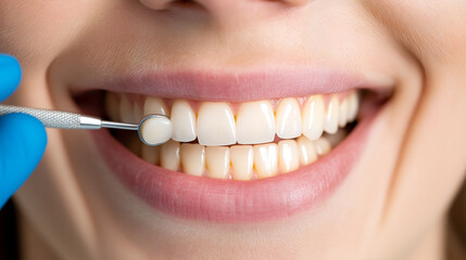 Fototapeta premium patient receiving teeth whitening treatment, showcasing bright smile and healthy teeth. dental tool highlights professional care involved in process